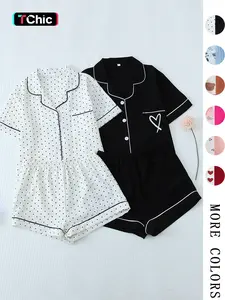 Women's All Over Print Woven Loungewear Set, Contrast Binding Pocket Button Top & Elastic Shorts Pajama Set, Ladies Summer Sleepwear