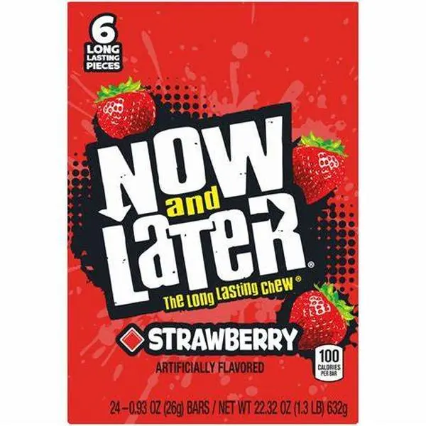 Now and Later Artificially Flavored Strawberry Chewy Candy Bars, 0.93 oz (24 Bars) - Low Sodium American Fruit Flavor Candies Sweet Snack Treat, Fruit Flavor Candy