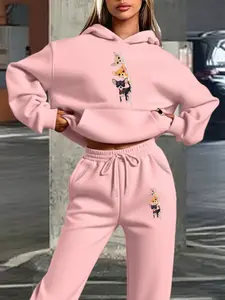Women's Hooded Sweatshirt Set, Autumn Winter Pattern Print, Cute Pet Zip Creative Fashion, Casual Fitted Style, Daily Wear, Pet Friendly Events, Animal Print