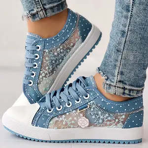 Floral Pattern Embroidery Dot Print Sneakers