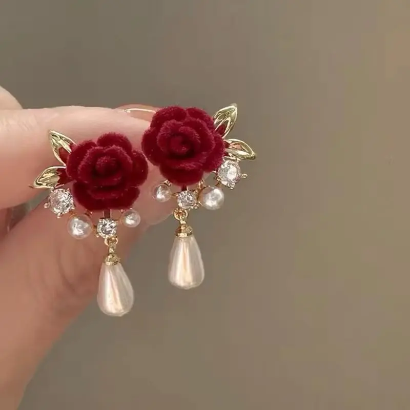 Wine Red Velvet Rose Pearl Dangle Drop Earring Vintage Elegant Studs for Women Jewelry