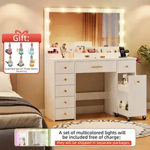 LAKEMID Large Mirror Vanity with LED Lighting, featuring 12 Hollywood-style bulbs and three-color adjustable lighting (comes with a set of colored string lights). 7-drawer vanity with pull-out storage, bedroom vanity, white