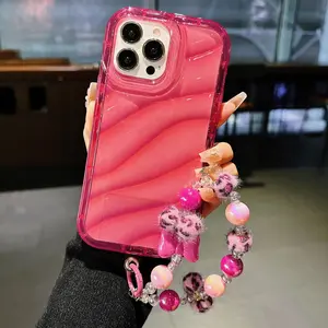 Wave Pattern Phone Case with Beaded Chain, Anti-drop Soft Silicone Phone Protective Cover, Phone Accessories Compatible with iPhone 11 12 13 14 15 Pro Max