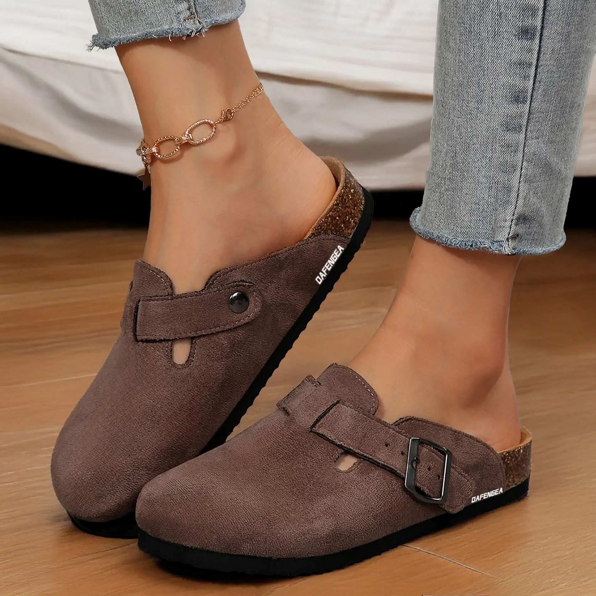 Women's Suede Cork Clogs Slippers with Adjustable Buckle Slip on Mules Potato Shoes For Indoor And Outdoor Activities