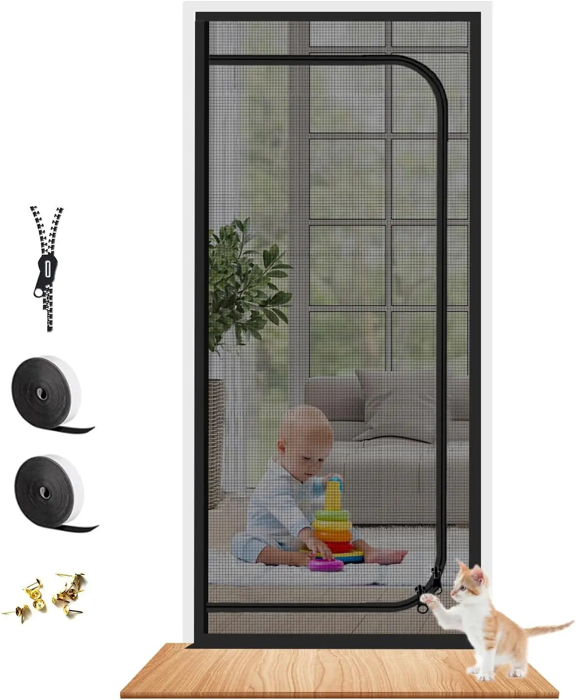 Upgraded Reinforced Pet Screen Door Thickened  Resistant Mesh Screen Door for Living Room, Bedroom, Patio,   Scratch Proof Screen with Zipper Closure (Fits Door Size up to 36''x 82'', Black)