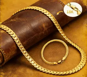 2pcs 18K Gold-Plated Street Hip Hop Stainless Steel Cuban Chain Necklace Bracelet Set for Men Chunky Chain Set Male Punk Jewelry