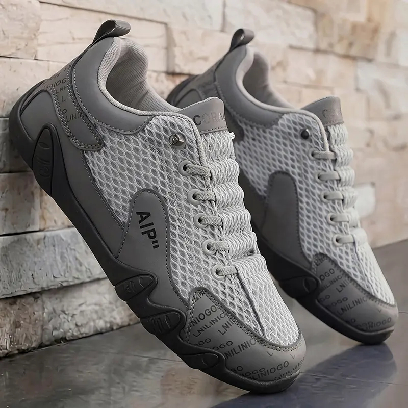 Men Breathable Mesh Hiking Sneakers Lightweight Non Slip Rubber Sole Walking Running Shoes Soft Cushioned Insole Low Top Trainers Gym Camping Driving Footwear Grey Green Orange Dual Color Anti Wear Comfort Footwear For Men Urban Daily Casual Trainers