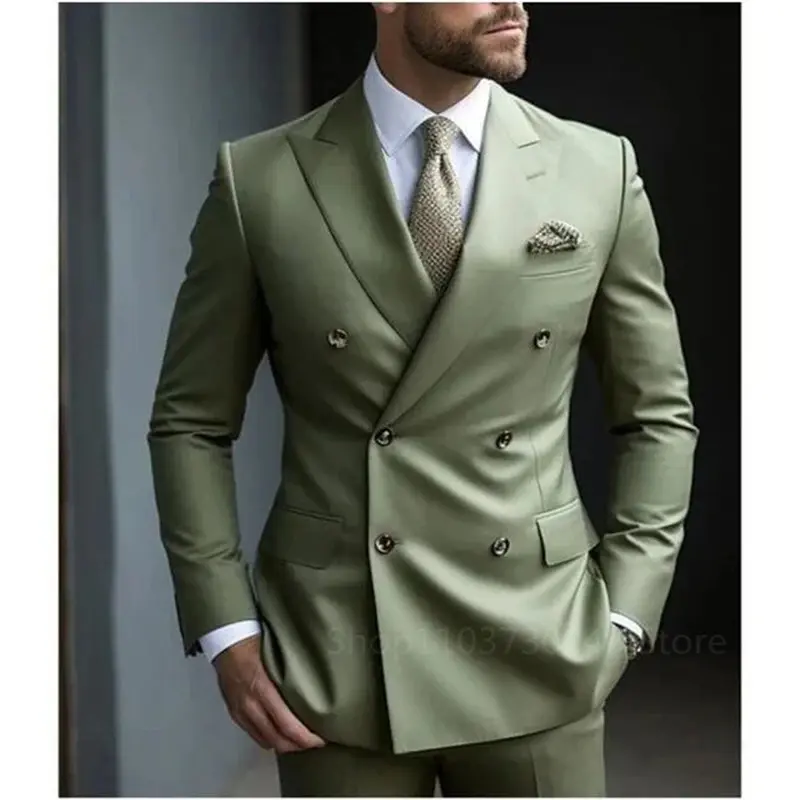Solid 2 Pieces Men Suits Set Fashion New Men's Formal Business/Wedding Groom Suits Peak Lapel Double Breasted Blazer Trousers Fathersdaygift Emerald Green Tuxedo business casual outfits