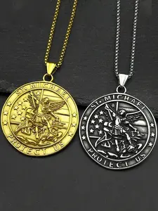 Archangel St.Michael Protect Us Pendant Necklace for Women Men Stainless Steel Christian Saint Michael Medal Chain Gift