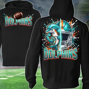 Strong Dolphins Football 2 Sided Hoodie, Football Player Sweatshirt, Sports Apparel, Turquoise & Orange Helmet Pullover Classic T-shirt, Graphic Printed Streetwear Top, 100% Cotton, Gift For Fans