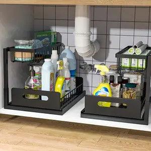 Two-tier storage cabinet under the sink with sliding pull-out shelves made of metal, perfect for organizing your kitchen, bathroom, pantry or closet space Under-sink bathroom cabinet, pull-down cabinet organizer, under-sink organizer, sliding cabinet