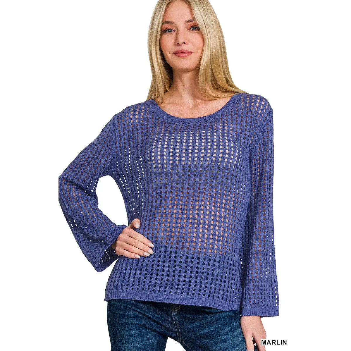 ZENANA Hollow Out Long Sleeve Sweater