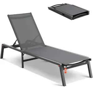 VEVOR Chaise Lounge Chair Outdoor,  Aluminum Patio Lounge Chair with Adjustable 5-Position, Folding Pool Lounge Chair Recliner and Full Flat Tanning Chair for Patio, Beach, Pool, Dark Grey