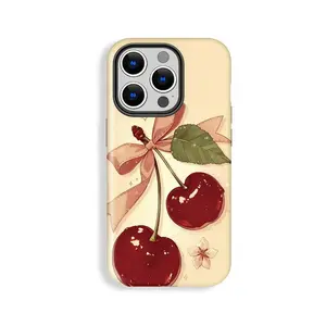 Cute Picture Book Style Cherry Bow Flower Pattern Phone Case, Phone Case Suitable for Iphone 11/12/13/14/15/16/17 Pro Promax Plus Air