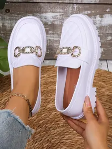 Women's Quilted Loafers, Thick Sole Platform Shoes, Rhinestone Buckle, Casual Office Business Footwear, All Seasons
