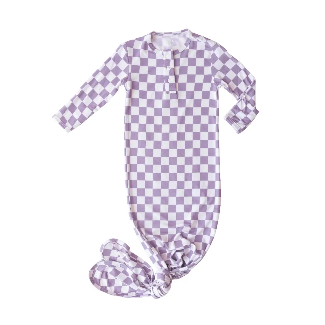 Ultra-Soft Bamboo Knotted Baby Gown – Fun Designs, Adjustable for 0-3 Months, Premium Comfort & Breathable Fabric – Perfect Newborn Gift for Boys & Girls (Mauve Checker)
