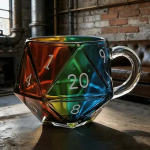 Rainbow D20 Dice Cup with Handle, Multi-Faced Coffee Mug, Perfect for Rpg Enthusiasts, Ideal for Fantasy Game Nights
