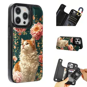 Creative Retro Style Cat and Flower Pattern Leather Card Holder Phone Case, Suitable for iPhone 17 Air/16 Plus/15 Pro Max/14 Pro/13/12/11/XS Max/X Phone Case, Ideal Gift for Thanksgiving and Christmas for Family, Friends, Lovers, Boyfriend, Girlfriend
