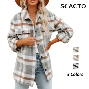 SCACTO Women's Oversized Plaid Shirt Jacket - Lightweight Casual Long-Sleeve Button-Down, Fall Layering Essential, Plus-Size Bohemian Vibe Outerwear, Pairable with Belt & Tee