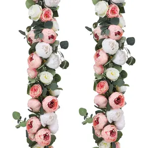 3-Pack 11.2FT Handmade Faux Eucalyptus & Peony Flower Garlands, Pink & White Silk Floral Vine for Wedding Arch, Table, Wall Decor