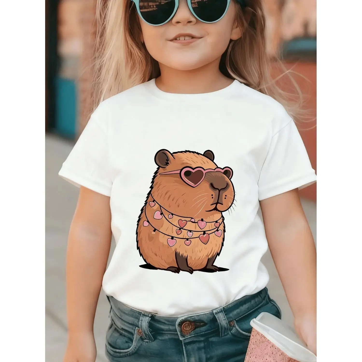 Kids' Breathable T-Shirt with Cute Capybara Character Print, Round Neck Summer Wear for Boys and Girls, Machine Washable, Character Print Shirt, Graphic, Breathable Shirt, Cartoon Print Tee