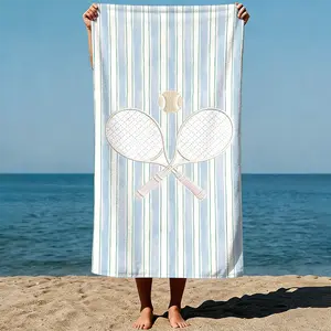 Tennis rackets crossed with a ball, striped background, embroidery art style. Sand-Free Beach Towel | Ultra-Light Microfiber | Quick-Dry, Compact for Travel