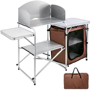 【Summervibes】VEVOR Outdoor 2-Tier Kitchen with Zippered Bag, Portable Folding Cook Table for BBQ, Party and Camping, Brown
