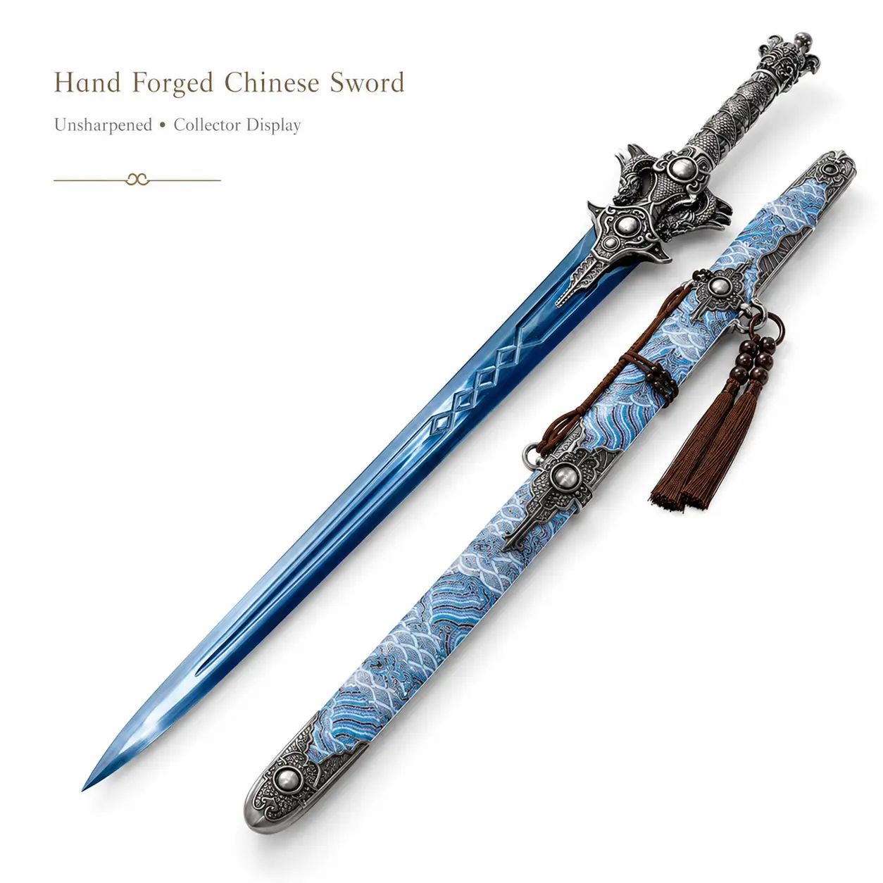 Double Dragon Handmade Display Ornament, Pure Hand Forged, Non Sharp Blade, Unique Design, Blue Blade With Exquisite Carvings, Tang Dynasty Craftsmanship, Luxurious Scabbard, Ideal Gift, Collectible Item