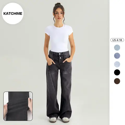 KatchMe Women's High Waist Patchwork Wide Leg Jeans, Vintage Fake Two-Piece Durable Denim Trousers, Baggy Stretchy Soft Pants, Versatile Wrinkle-Resistant Womenswear