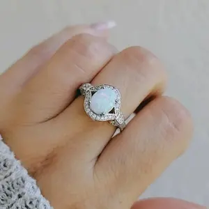Halo Opal Sterling Silver Ring, Statement Ring for Women, Genuine 925 Silver Ring with Opal, Halo Design Jewelry
