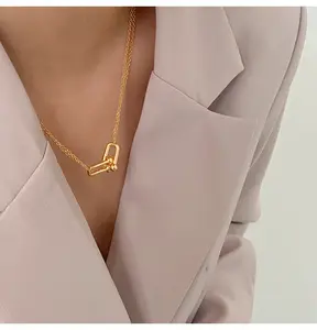 ZELESTE Duo Interlocking Necklace Chain Gold Plated Tarnish Resistant Modern Minimalist Classic Versatile Anniversary Birthday Gift Office Lady Elegant Female Daily Engagement Chic