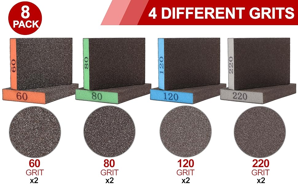 8 Pack Sanding Sponge, Washable and Reusable Sanding Blocks for Drywall Wood Metal Furniture, 60/80/120/220 Grit Sandpaper Block Assortment