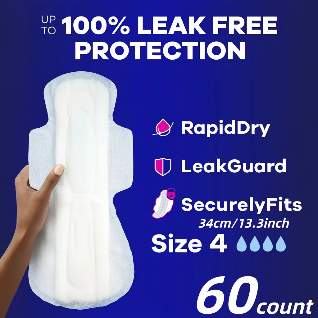60pcs 340mm Extra Long Wings Night Pads, Ultra Thin, Breathable, Dry, High Absorbency, Hypoallergenic, Soft and Comfortable, Flexible Fit. Large Pack, 60-70% Less Expensive Than Popular Brands