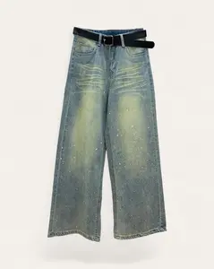 Women's Cotton Solid Wide-Leg Denim Pants - Rhinestone-Accented Vintage Lady Clothes with Belt
