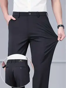 Men's Loose Straight Leg Elastic Formal Pants, Anti-Wrinkle Comfortable Business Trousers, All Seasons Wear, Casual and Workwear