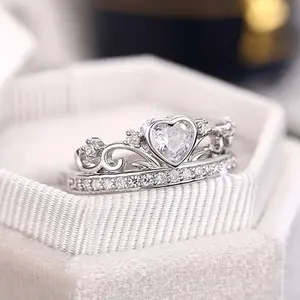 Zircon Heart Crown Ring Women Romantic Birthday Gift Jewelry