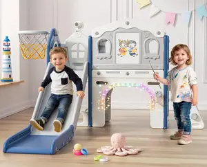 BIERUM 9-in-1 Toddler Playset Slide for Ages 1-3, Baby Indoor Outdoor Slide with Lights, Drawing Board & Building Blocks, Kids Playground Equipment