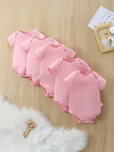 5-piece set of baby short sleeved triangle jumpsuit, solid color, casual, girls' and boys' crawling clothes, cotton soft bag, fart jacket, home clothes