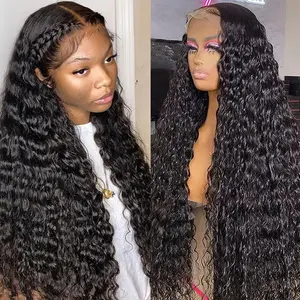 Outlets Deals Water Wave 13x4 Lace Front Human Hair Wig 200% Density HD Transparent Lace Frontal Human Hair Wigs For Women 18-30 inches Pre plucked Hairline Free Part Natural Black Color Wigs On Sale Clearance