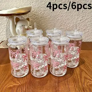 4pcs/6pcs Portable Butterfly Tie Pattern Plastic Cups, 16oz Reusable Coffee and Tea Cups with Straw, Durable PP Material, Outdoor Activity Cup, Drinkware