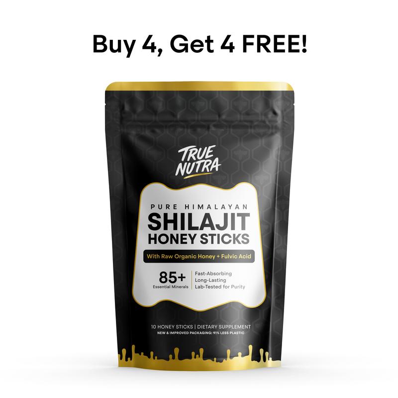 True Nutra Pure Himalayan Shilajit Honey Sticks with Raw Organic Honey and Fulvic Acid 85+ Essential Minerals Fast Absorbing Long Lasting 10 Sticks