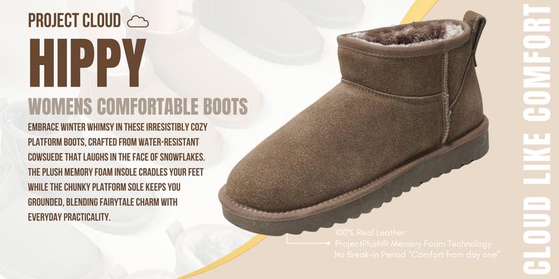 PROJECT CLOUD "Hippy" Women's Ankle Boots 100% Genuine Suede Water Resistant Lightweight Memory Foam Insole Fuzzy Boots Non-Slip Winter-Ready Fur Lined Girl Footwear
