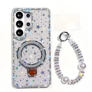 Glitter Magnetic Folding Stand Holder Phone Case For Samsung A17 A07 A16 A26 A36 A56 A15 A35 A55 S24 S25 FE S26 S25 Plus S23 Ultra 5G Wrist Strap Lanyard Shockproof Protective Cover