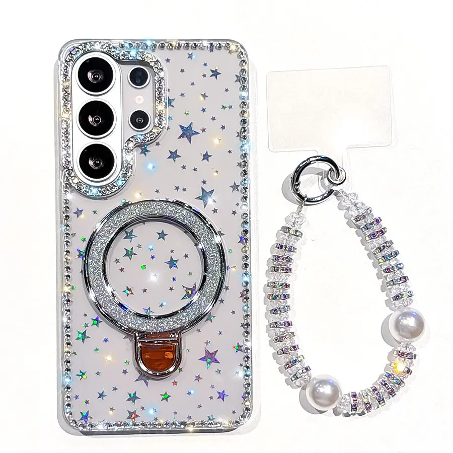 Glitter Magnetic Folding Stand Holder Phone Case Phone Cover Casing Phone Guard For Samsung A17 A07 A16 A26 A36 A56 A15 A35 A55 S24 S25 FE S26 S25 Plus S23 Ultra 5G Wrist Strap Lanyard Shockproof Protective Cover, Accessories, Shockproof Protector