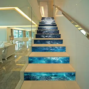 Sea & Moon Pattern Stair Sticker, 13pcs/set Waterproof Self Adhesive Sticker, Decorative Sticker for Home Living Room Bedroom, Decorative Wall Sticker