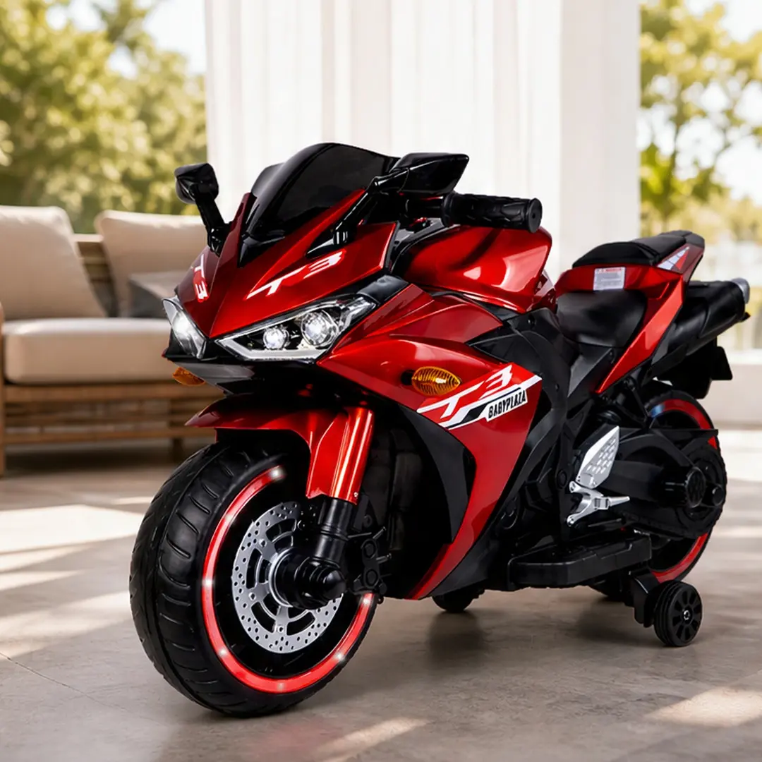 ARCH 12V Kids Electric Motorcycle Ride On Toy with Training Wheels, Manual Throttle, Foot Brake, LED Lights, Music, USB/MP3, Red Plastic, for Boys Girls Ages 3-6 Years, Indoor Outdoor Use, 50-99 Lbs Capacity, Red Color Options, Plastic Material