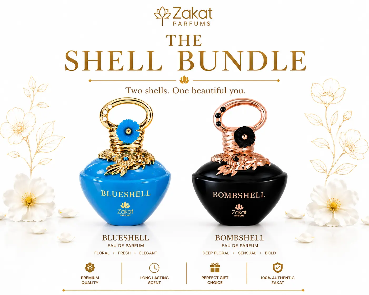 The Shell Bundle I Flower BlueShell + Flower Bombshell by Zakat Eau De Parfum 3.4 FL OZ Each For Women