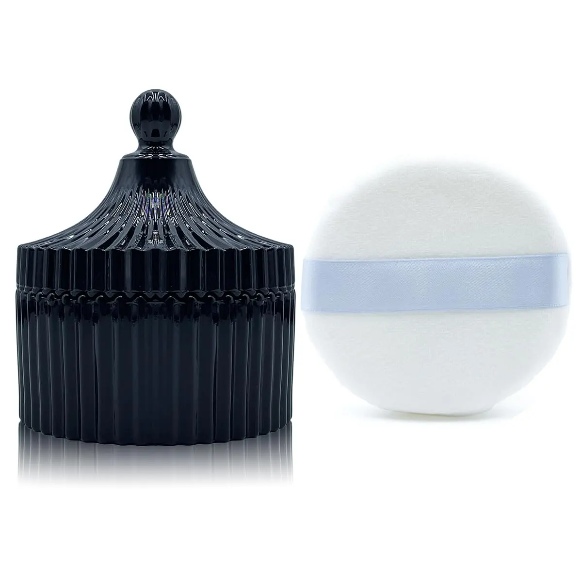 Ultra Soft  Puff and Container 3.3" High Density  Dusting Washable   Puff,  Puff and Glass Jar Holder Loose  Box with Puff for  Makeup(Black)