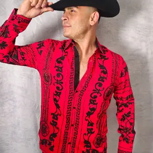 V.I.P. COLLECTION MEN'S RHINESTONE BUTTON-UP LONG SLEEVES SHIRT (RED/BLACK VWSL-4)