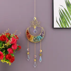 Natural Crystal Wind Chime Sun Catcher Moon Hanging Decoration, Seven Chakra Moon Lotus Crystal Light Catcher, Handmade Star Moon Lotus Crystal